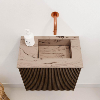 Mondiaz JOYA-DLUX 40cm toiletmeubel - kleur Walnut - Wastafel FAYE positie Rechts Zonder kraangat kleur Arena.