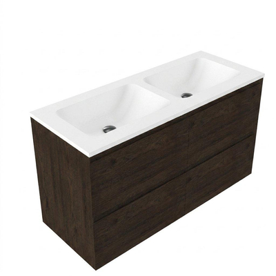 Saniclass Holz Pure Ensemble de meubles de salle de bains - 120x45x77.5cm - Lavabo Torino en solid surface blanc - sans trou de robinetterie - 4 tiroirs - chêne charcoal mat (bois)