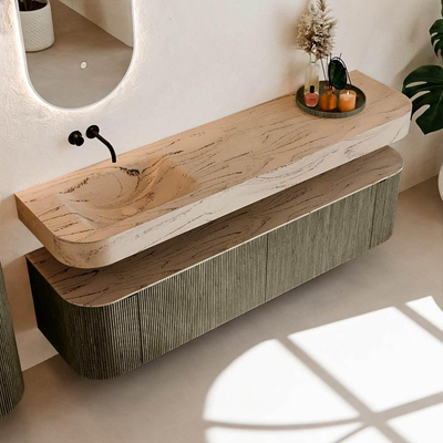 MONDIAZ THOR-DLUX 180cm meuble de salle de bains arrondi gauche + droite couleur Shadow avec 2 tiroirs et 2 portes. Vasque suspendue CLOUD Gauche sans trou de robinet couleur Arena.