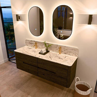 Mondiaz CIRO-DLUX Meuble de salle de bains - 150x45x50cm - Plan vasque solid surface Glace - 2 vasques Double - 2 trous de robinetterie - 4 tiroirs - Shadow