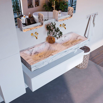 MONDIAZ ALAN - DLUX Ensemble meuble de salle de bains - 130cm - meuble bas - Talc - 1 tiroir - lavabo suspendu - 2 bassins - 0 trous de robinet - Glace