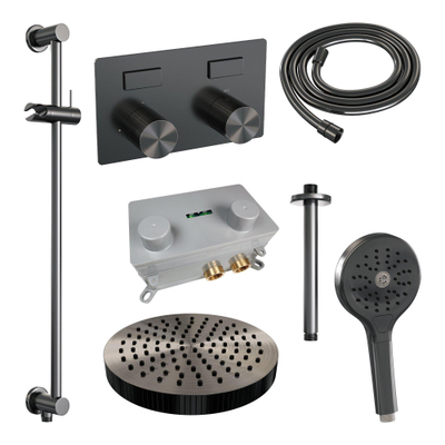 BRAUER Stripe Douche de pluie thermostatique encastrée - boutons-poussoirs - pomme de douche 25cm - bras plafond - douchette 3 positions - flexible de douche - barre coulissante intégrée - PVD brossé gunmetal