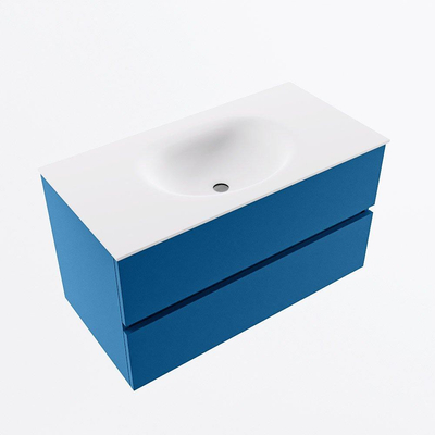 Mondiaz VICA ensemble de meuble de salle de bain - 90cm - meuble sous-vasque jeans - 2 tiroirs - lavabo moon milieu - 1 trou de robinet - version haute de 60cm - talc