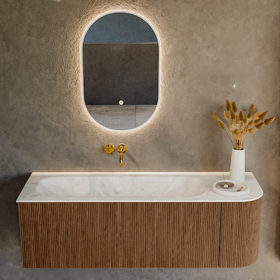 MONDIAZ KURVE-DLUX 135cm Meuble salle de bain avec module 25 D - couleur Walnut - 1 tiroir - 1 porte - vasque BIG MEDIUM gauche - sans trou de robinet - couleur Opalo