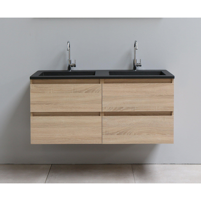 Basic Bella Meuble salle de bains avec lavabo acrylique Noir 120x55x46cm 2 trous de robinet Chêne