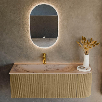 MONDIAZ KURVE-DLUX Meuble de salle de bains 125cm arrondi à droite couleur Dusk avec 1 tiroir et 1 porte. Lavabo BIG MEDIUM gauche 1 trou de robinet Arena.
