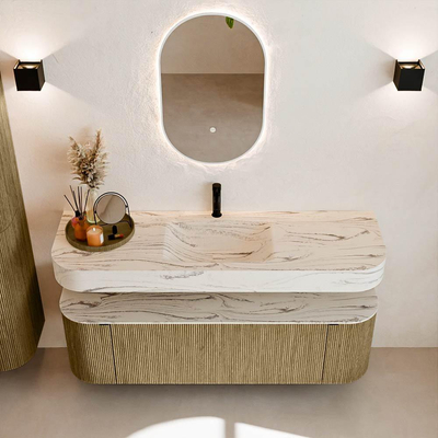 MONDIAZ THOR-DLUX 150cm meuble de salle de bains arrondi gauche + droite couleur Dusk avec 1 tiroir et 2 portes. Vasque suspendue CLOUD Milieu 1 trou de robinet couleur Nata.