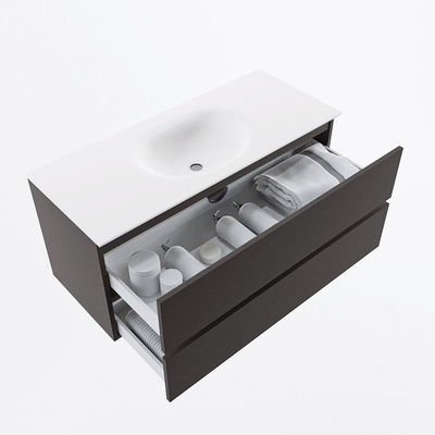 Mondiaz VICA ensemble de meuble de salle de bain - 110cm - meuble sous-vasque gris foncé - 2 tiroirs - lavabo moon milieu - 1 trou de robinet - version haute de 60cm - talc