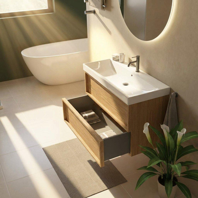 Saniclass Holz Frame Ensemble meuble de salle de bains - 100x45x67.5cm - Wave lavabo en céramique - 1 vasque - 1 trou de robinetterie - 2 tiroirs - chêne natural mat (bois)