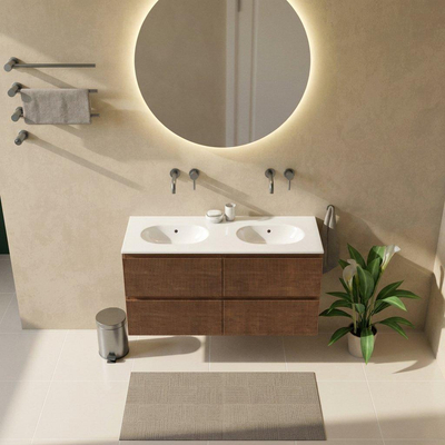 Saniclass Holz Atelier Ensemble de meubles de salle de bains - 120x45x74cm - lavabo Chaci en céramique blanc - 2 vasques - sans trous de robinetterie - 2 tiroirs - walnut pure mat (bois)