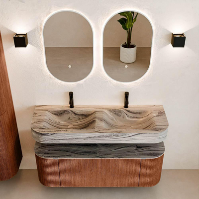 MONDIAZ THOR-DLUX Meuble de salle de bains 130cm arrondi gauche + droite couleur Ruby avec 1 tiroir et 2 portes. Vasque suspendue CLOUD Double 2 trous de robinet couleur Sombra.