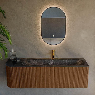 MONDIAZ KURVE-DLUX 145cm Meuble salle de bain avec module 25 G - couleur Walnut - 1 tiroir - 1 porte - vasque BIG LARGE droite - 1 trou de robinet - couleur Lava