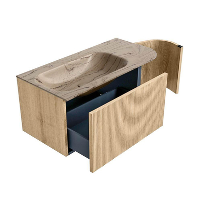 MONDIAZ KURVE-DLUX 95cm badmeubel ronding Rechts kleur Oak met 1 lade en 1 deur. Wastafel BIG SMALL Links zonder kraangat Arena.