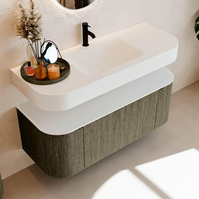 MONDIAZ THOR 120cm meuble de salle de bains arrondi gauche + droite couleur Shadow avec 1 tiroir et 2 portes. Vasque suspendue CLOUD Milieu 1 trou de robinet couleur Talc.