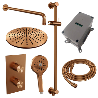 Brauer Copper Carving Douche pluie thermostatique avec pommeau 30cm et bras mural courbé 40cm et douchette Rond 3 jet flexible lisse avec coude mural Cuivre brossé PVD