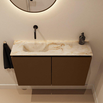 MONDIAZ TURE-DLUX 80cm meuble WC Rouille. EDEN vasque Frappe position gauche. Sans trou de robinet.