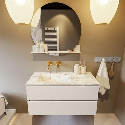 Mondiaz VICA-DLUX ensemble de meuble de salle de bain - 100cm - meuble sous-vasque lin - 2 tiroirs - lavabo encastrée cloud gauche - sans trous de robinet - version haute de 60cm - glace