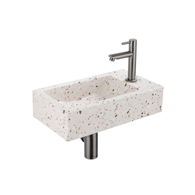 FugaFlow Eccelente Pietra Ensemble fontaine - 40x22x10cm - trou de robinet à droite - robinet de fontaine brossé gunmetal PVD - bouchon de vidange - siphon abaissé - beige mat