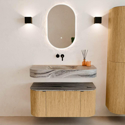 MONDIAZ THOR-DLUX 100cm badmeubel ronding links + rechts kleur Oak met 1 lade en 2 deuren. Vrijhangende wastafel CLOUD Midden zonder kraangat kleur Sombra.