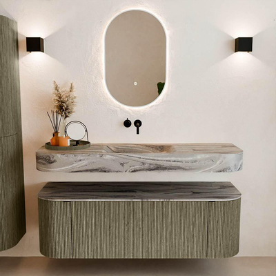 MONDIAZ THOR-DLUX 140cm meuble de salle de bains arrondi gauche + droite couleur Shadow avec 1 tiroir et 2 portes. Vasque suspendue CLOUD Centre sans trou de robinet couleur Sombra.