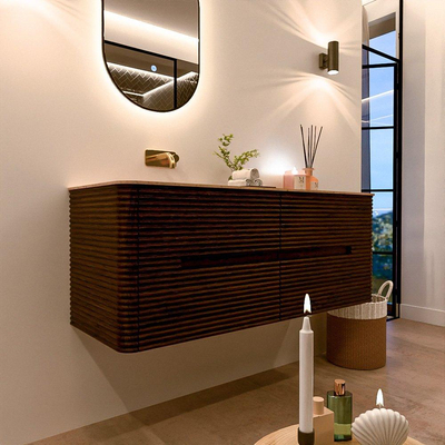 Mondiaz CIRO-DLUX Badkamermeubelset - 130x45x50cm - Solid surface wastafel Saba - 1 wasbak Links - zonder kraangaten - 4 lades - Walnut