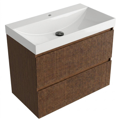 Saniclass Holz Atelier Ensemble meuble de salle de bains - 80x45x67.5cm - vasque Wave en céramique - 1 vasque - 1 trou de robinet - 2 tiroirs - walnut pure mat (bois)