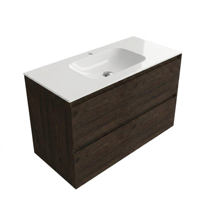 Saniclass Holz Pure Ensemble meuble de salle de bains - 100x45x61.5cm - Flow lavabo en solid surface blanc - 1 vasque - 1 trou de robinet - 2 tiroirs - chêne charcoal mat (bois)