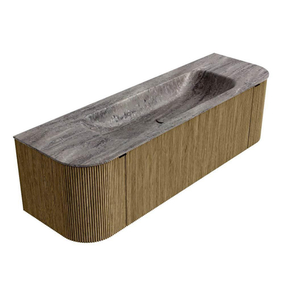 MONDIAZ KURVE-DLUX Meuble de salle de bains 150cm arrondi Gauche + Droite couleur Dusk avec 1 tiroir et 2 portes. Lavabo BIG MEDIUM Central sans trou de robinet Oza.