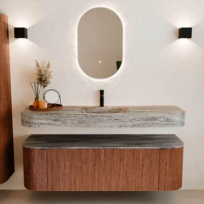 MONDIAZ THOR-DLUX 150cm meuble de salle de bains arrondi gauche + droite couleur Ruby avec 1 tiroir et 2 portes. Vasque suspendue CLOUD Milieu 1 trou de robinet couleur Oza.