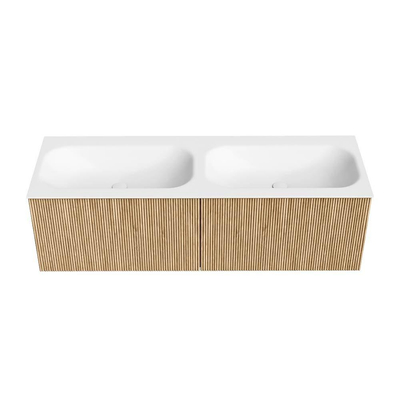 MONDIAZ KURVE 140cm badmeubel kleur Oak met 2 lades. Wastafel BIG SMALL dubbel zonder kraangat Talc.