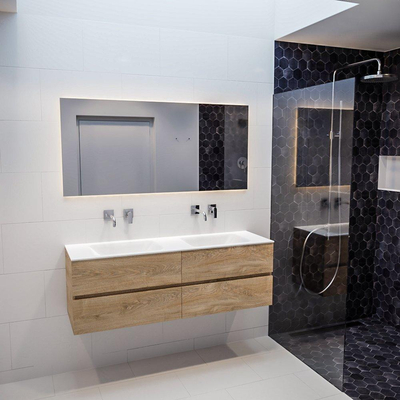 MONDIAZ VICA Ensemble de meuble salle de bain - 150cm - 4 tiroirs - lavabo Cloud double - 0 trous de robinet - solid surface chêne blanchi