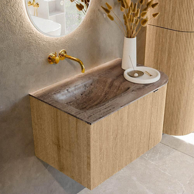 MONDIAZ KURVE-DLUX 75cm badmeubel ronding Rechts kleur Oak met 1 lade en 1 deur. Wastafel GRUNNE Links zonder kraangat Oza.