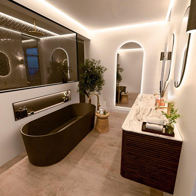 Mondiaz CIRO-DLUX Meuble de salle de bains - 180x45x50cm - Plan-vasque solid surface Glace - 2 bassins Double - 2 trous de robinetterie - 4 tiroirs - Noyer