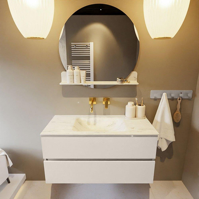 Mondiaz VICA-DLUX Ensemble de meuble de salle de bain - 100cm - meuble sous lavabo lin - 2 tiroirs - lavabo encastré nuage milieu - sans trous de robinet - miroir modèle spot - version XL 60cm de haut - opalo