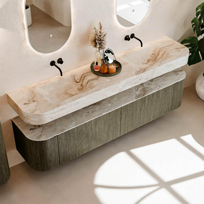 MONDIAZ THOR-DLUX 200cm meuble de salle de bains arrondi gauche + droite couleur Shadow avec 2 tiroirs et 2 portes. Vasque suspendue CLOUD Double sans trou de robinet couleur Frappe.