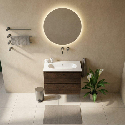 Saniclass Holz Pure Ensemble de meubles de salle de bains - 80x45x73.9cm - Lavabo en céramique Chaci blanc - 1 vasque - sans trou de robinetterie - 2 tiroirs - chêne charcoal mat (bois)