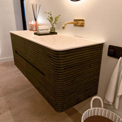 Mondiaz CIRO-DLUX Ensemble meuble de salle de bains - 130x45x50cm - Vasque solid surface Meli - 1 vasque à droite - sans trous de robinet - 4 tiroirs - Shadow