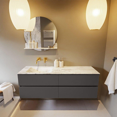 Mondiaz VICA-DLUX ensemble de meuble de salle de bain - 150cm - meuble sous-vasque gris foncé - 4 tiroirs - lavabo encastré cloud gauche - sans trous de robinet - version haute de 60cm - glace