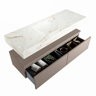 Mondiaz ALAN-DLUX Ensemble de meuble - 130cm - meuble Smoke mat - 2 tiroirs - Lavabo Cloud Frappe suspendu - vasque Centre - 0 trous de robinet