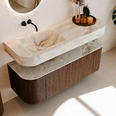 MONDIAZ THOR-DLUX Meuble de salle de bains 130cm arrondi gauche + droite couleur Walnut avec 1 tiroir et 2 portes. Vasque suspendue CLOUD Gauche sans trou de robinet couleur Frappe.