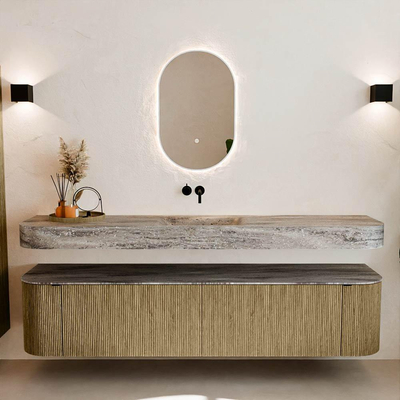 MONDIAZ THOR-DLUX 200cm meuble de salle de bains arrondi gauche + droite couleur Dusk avec 2 tiroirs et 2 portes. Vasque suspendue CLOUD Milieu sans trou de robinet couleur Oza.