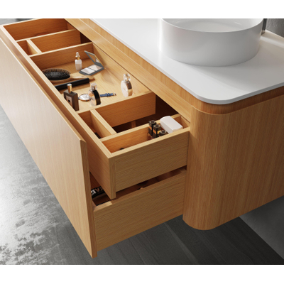 Saniclass Terra Badkamermeubelset - 120x42x45.5cm - keramische wastafel wit glans - 2 wasbakken - 2 kraangaten - 2 lades - Sandwood (licht eiken)