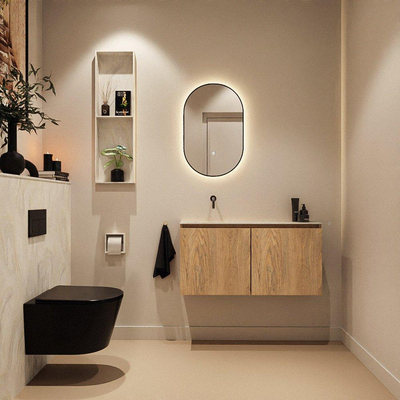 MONDIAZ TURE-DLUX Meuble toilette - 100cm - Washed Oak - EDEN - vasque Ostra - position gauche - sans trou de robinet