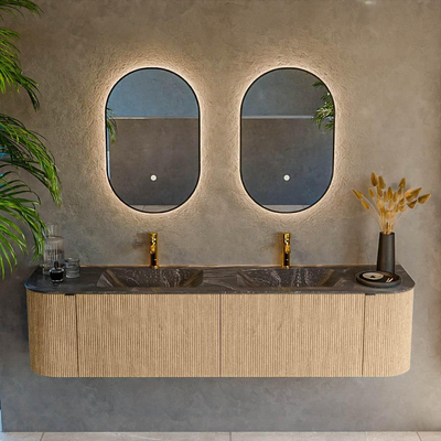 MONDIAZ KURVE-DLUX 180cm Meuble salle de bain avec module 25 G et D - couleur Oak - 2 tiroirs - 2 portes - vasque LEAF double - 2 trous de robinet - couleur Lava