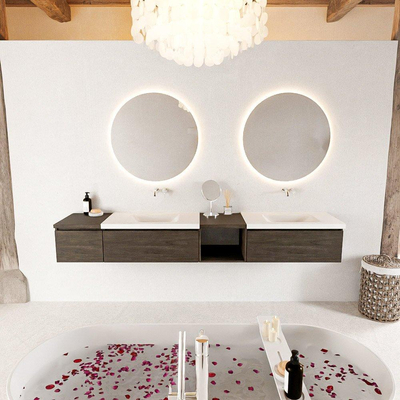 MONDIAZ BUKLA 240cm ensemble de meuble avec module ouvert 40 à droite couleur Marron Foncé avec 3 tiroirs. Lavabo CLOUD double 0 trou de robinet couleur Talc.
