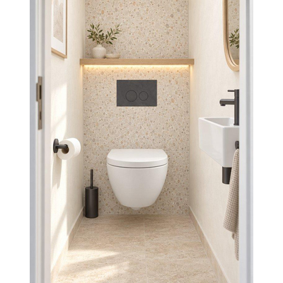QeramiQ Dely Swirl Compact Toiletset - inbouwreservoir Geberit UP320 - met Burda frame - 25mm zitting - natuurstenen bedieningsplaat marmer donker - ronde knoppen - glans wit