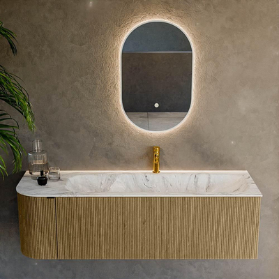 Mondiaz KURVE-DLUX Ensemble de meuble - 145x46x40cm - 1 tiroir - 1 porte - lavabo en solid surface - droite - 1 trou de robinet - Dusk
