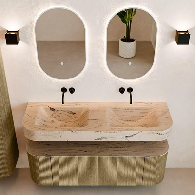 MONDIAZ THOR-DLUX 140cm meuble de salle de bains arrondi gauche + droite couleur Dusk avec 1 tiroir et 2 portes. Vasque suspendue CLOUD Double sans trou de robinet couleur Arena.