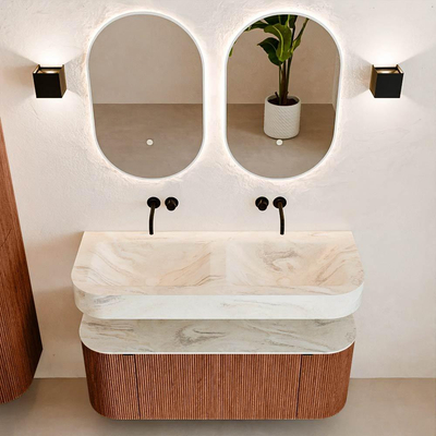 MONDIAZ THOR-DLUX 120cm badmeubel ronding links + rechts kleur Ruby met 1 lade en 2 deuren. Vrijhangende wastafel CLOUD Dubbel zonder kraangat kleur Ostra.