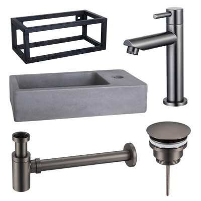 Fortifura Fuente Fonteinset - 40x22x23.5cm - 1 kraangat - zwart frame - fonteinkraan gunmetal - beton - beton (grijs)